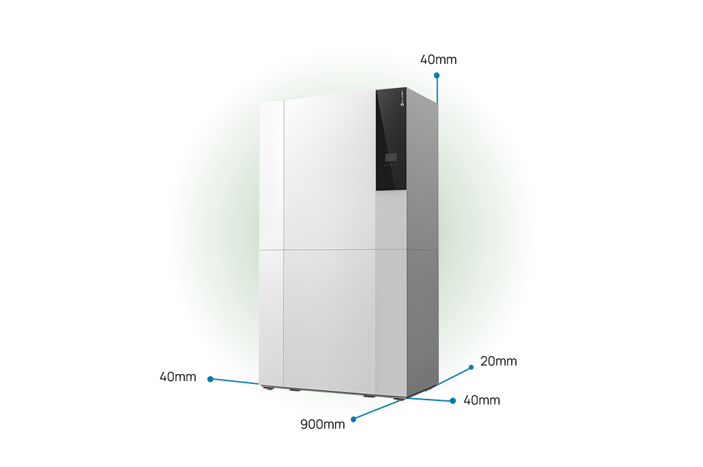 Clearances to be maintained: 40 millimetres on both sides, 900 millimetres at the front, 20 millimetres at the rear and 40 millimetres above.